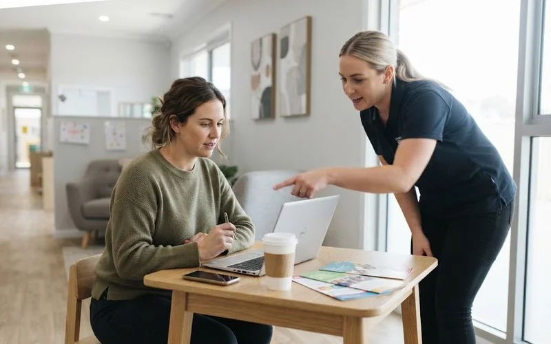 Parent checking childcare subsidy details on a laptop at a kitchen table with paperwork nearby