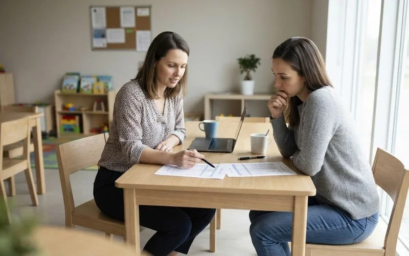 Parent comparing two printed childcare fee schedules side by side at a kitchen table