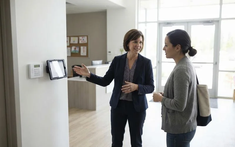 Parent talking directly with a childcare centre director across a desk, discussing enrolment details