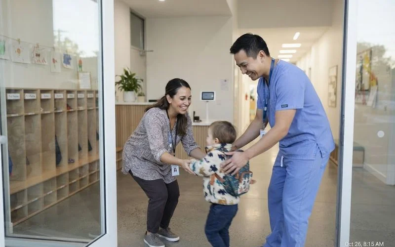 Parent in scrubs dropping off a child at an early morning childcare session in Brisbane