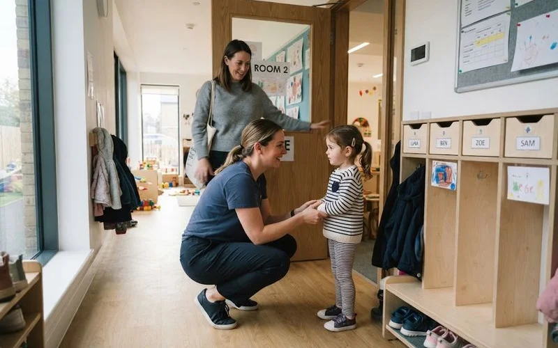 Educator kneeling down to comfort a toddler during morning drop-off at a Brisbane childcare centre