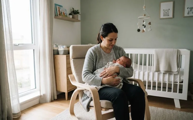 Educator gently settling a sleeping baby into a cot in a quiet, softly lit nursery room