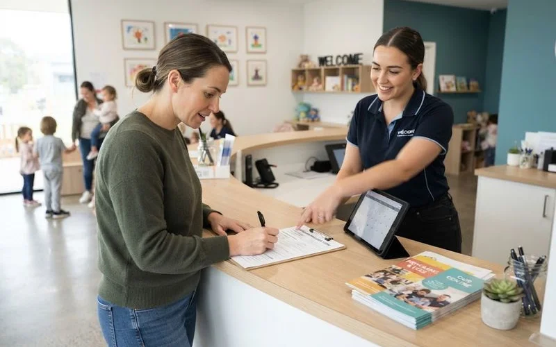 Parent filling out a childcare waitlist enrolment form on a tablet in a centre reception area