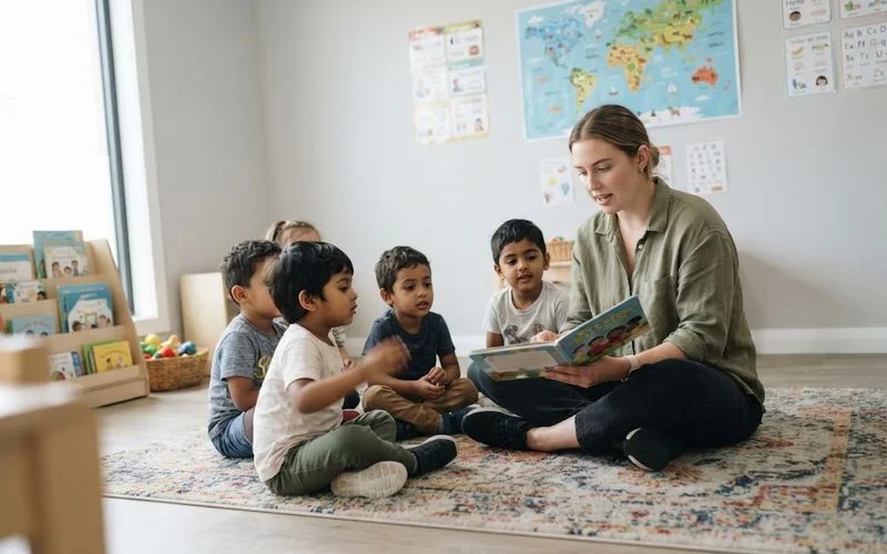 Educator reading a picture book to a diverse group of preschool children sitting on a colourful mat