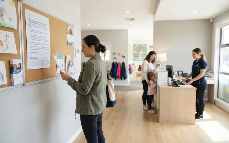 Parent checking a childcare centre's illness policy poster on a noticeboard near the entrance