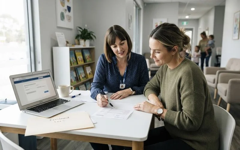 Parent and educator reviewing a childcare fee schedule together at a reception desk in a bright Brisbane centre