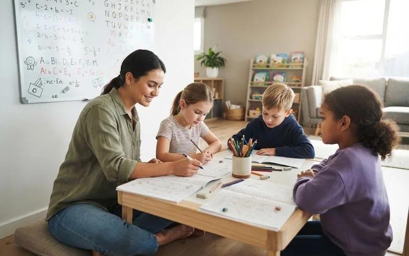 Small group of primary school-aged children working with a tutor at a table in a bright Brisbane learning centre