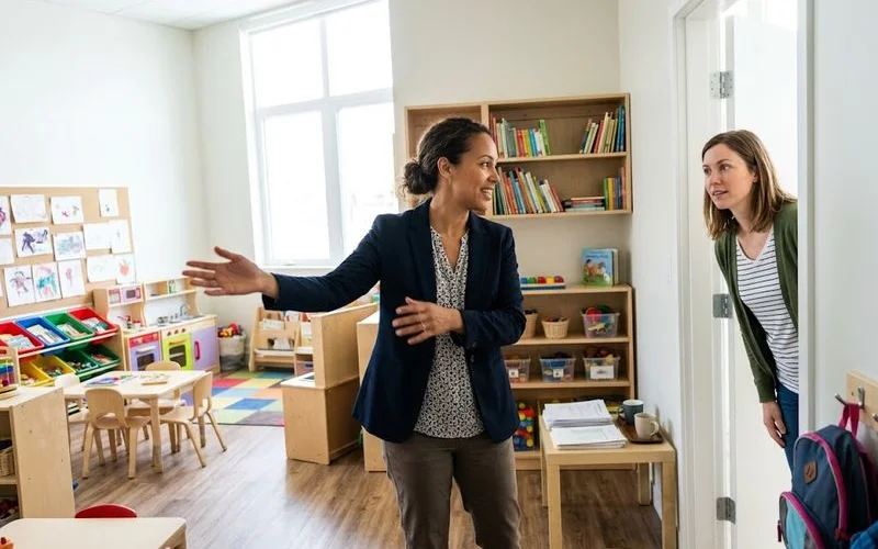 Parent and childcare educator walking through a bright, toy-filled classroom during a centre tour